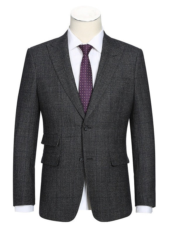 English Laundry Charcoal Checked Slim Fit 100% Wool suit jacket, showing the collar and a tie.