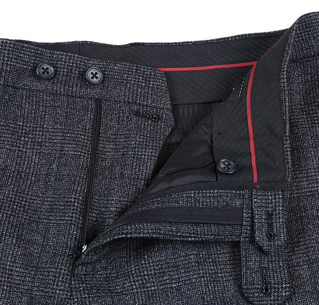 English Laundry Charcoal Checked Slim Fit Suit 100% Wool jacket, displaying notch lapels and front buttons.