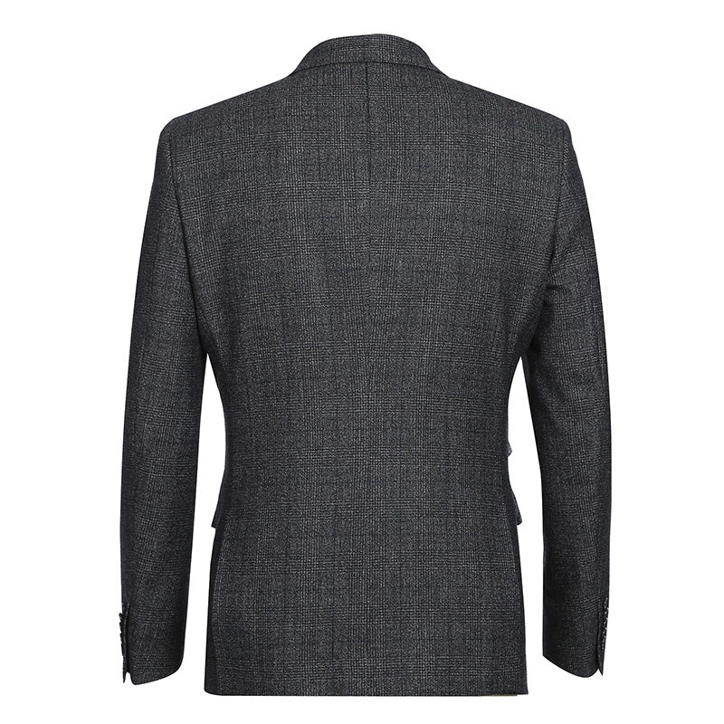 English Laundry Charcoal Checked Slim Fit 100% Wool suit jacket, with a visible checkered pattern, on a white background.