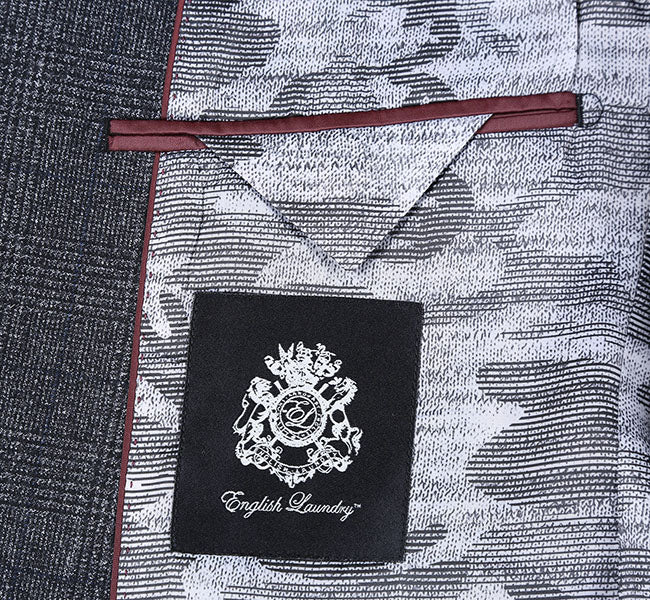 English Laundry Charcoal Checked Slim Fit Suit 100% Wool blazer, showing collar, sleeve, and pocket.