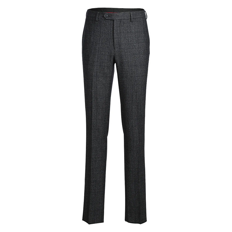 Close-up of the checkered charcoal pocket on the English Laundry Slim Fit 100% Wool suit on white background.