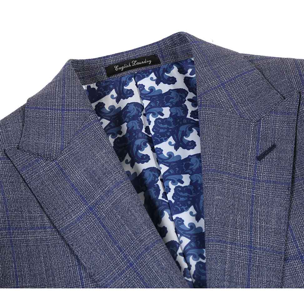 English Laundry 2-Piece Gray with Blue Windowpane Suit Wool Blend