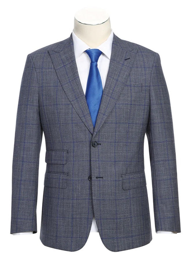 English Laundry 2-Piece Gray with Blue Windowpane Suit Wool Blend