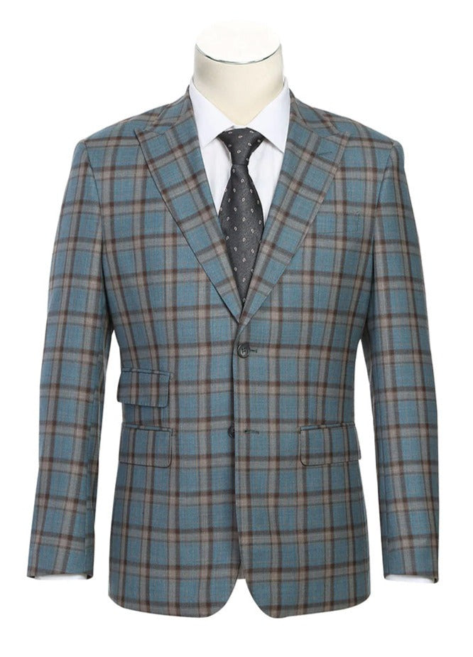 Plaid suit jacket on a mannequin with a white shirt and patterned tie.