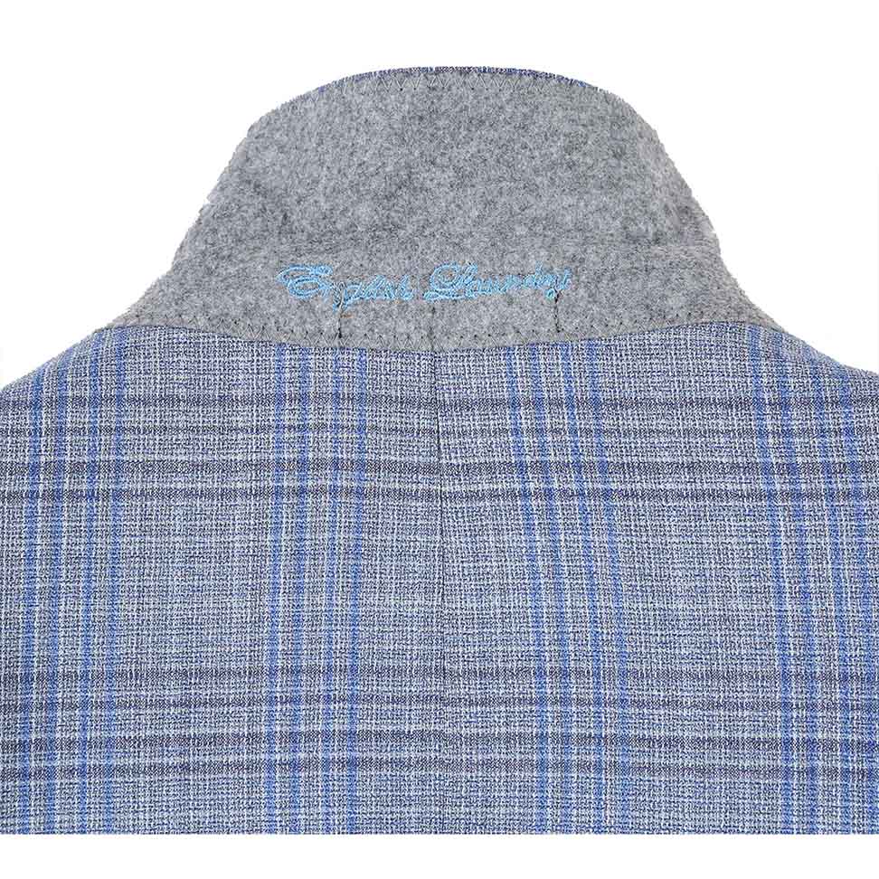 Checkered English Laundry Slim Fit Light Gray Wool Blend blazer showing collar, buttons, sleeve, pocket.