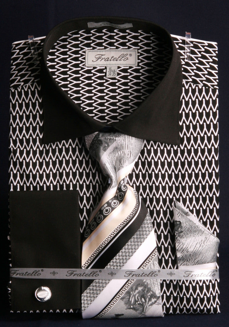 French Cuff Printed Tone on Tone Shirt in Black/White with Tie, Cuff Links and Handkerchief