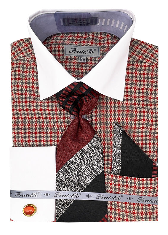 Men's Red Plaid Dress Shirt Set with Tie and Handkerchief 17 36/37 / Red Men's Red Plaid Dress Shirt Set with Tie and Handkerchief 17 36/37 / Red