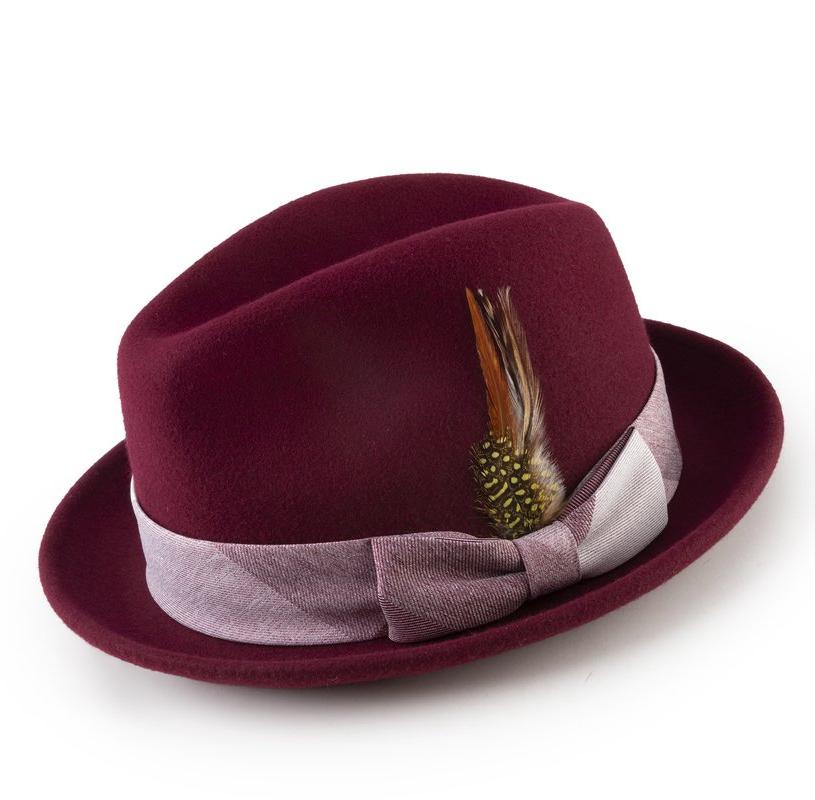 Wool Felt Fedora with Feather Accent in Burgundy
