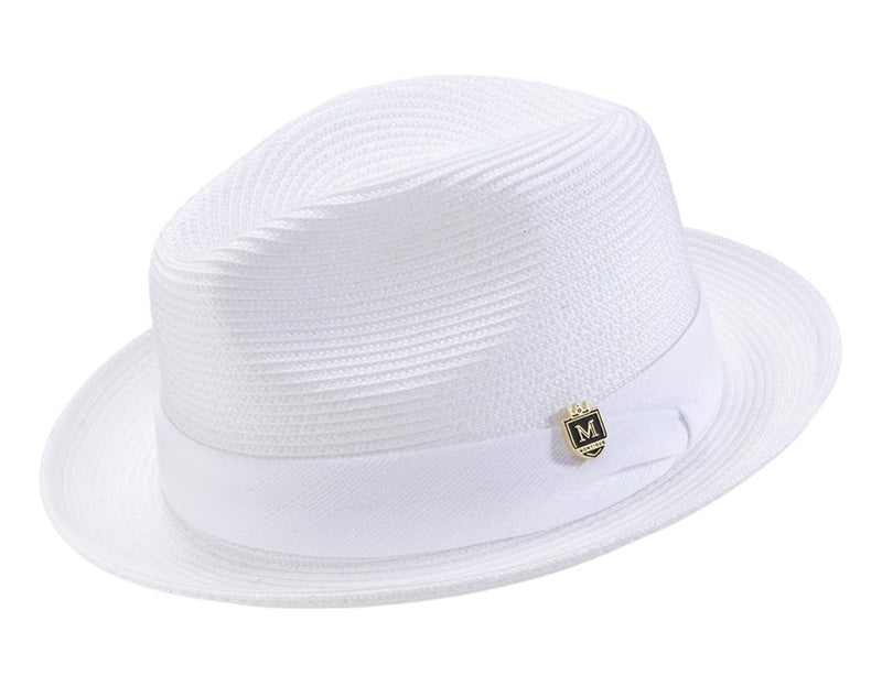 White 2" Brim Pinch Braided Fedora With Matching Ribbon