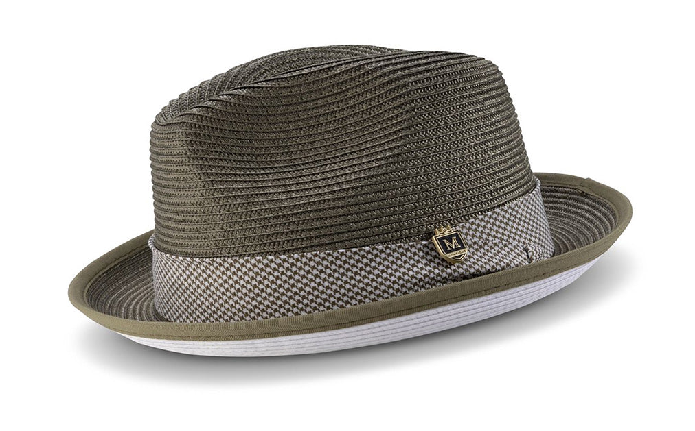 Olive Braided Stingy Brim Pinch Fedora with White Bottom