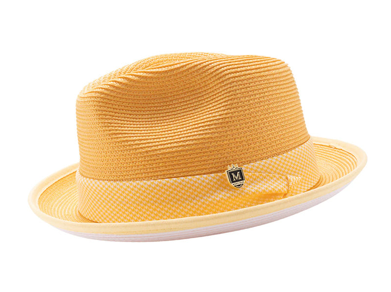 Canary Yellow Braided Stingy Brim Pinch Fedora with White Bottom