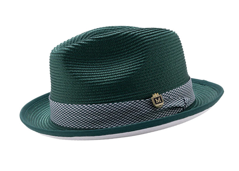 Emerald Green Braided Stingy Brim Pinch Fedora with White Bottom