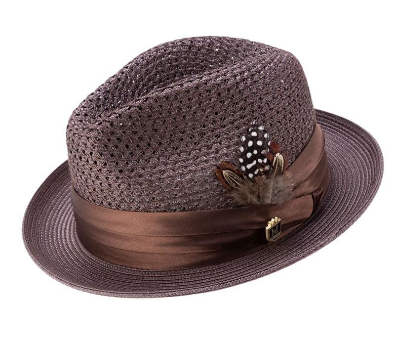 Brown Solid Color Pinch Braided Fedora With Matching Satin Ribbon
