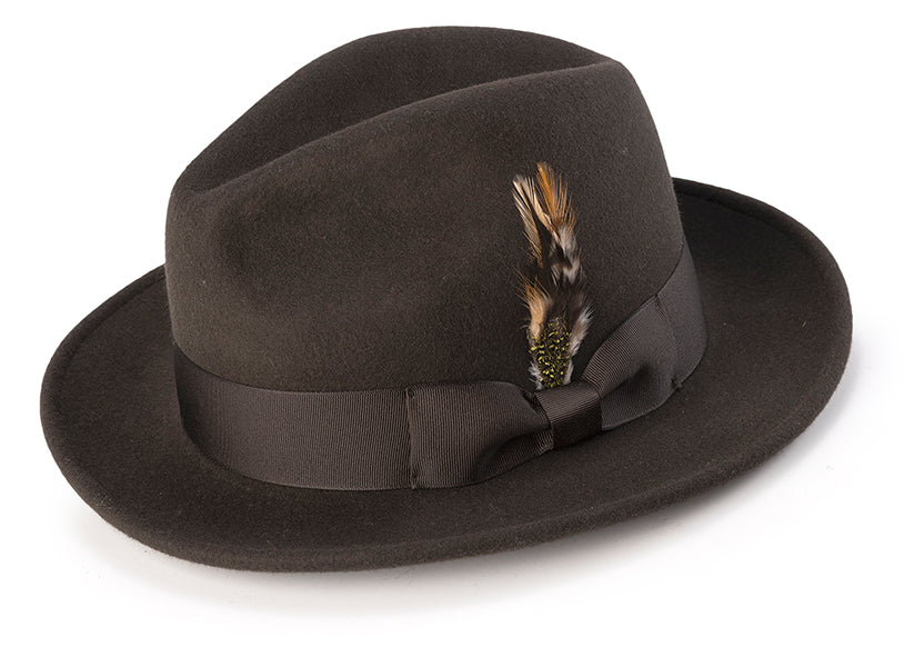 Wool Felt Fedora Pinch Front with Feather Accent in Brown