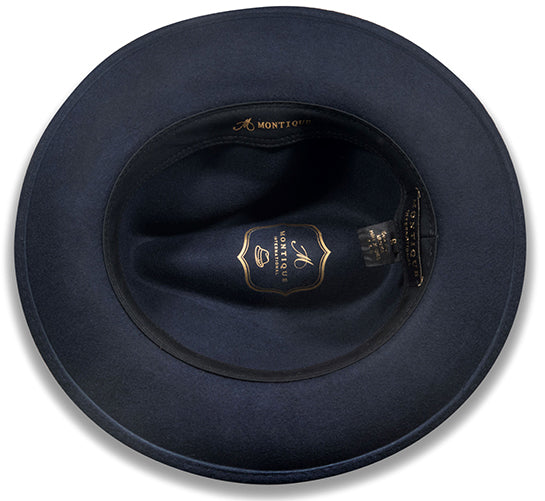 Wool Felt Fedora Pinch Front with Feather Accent in Navy