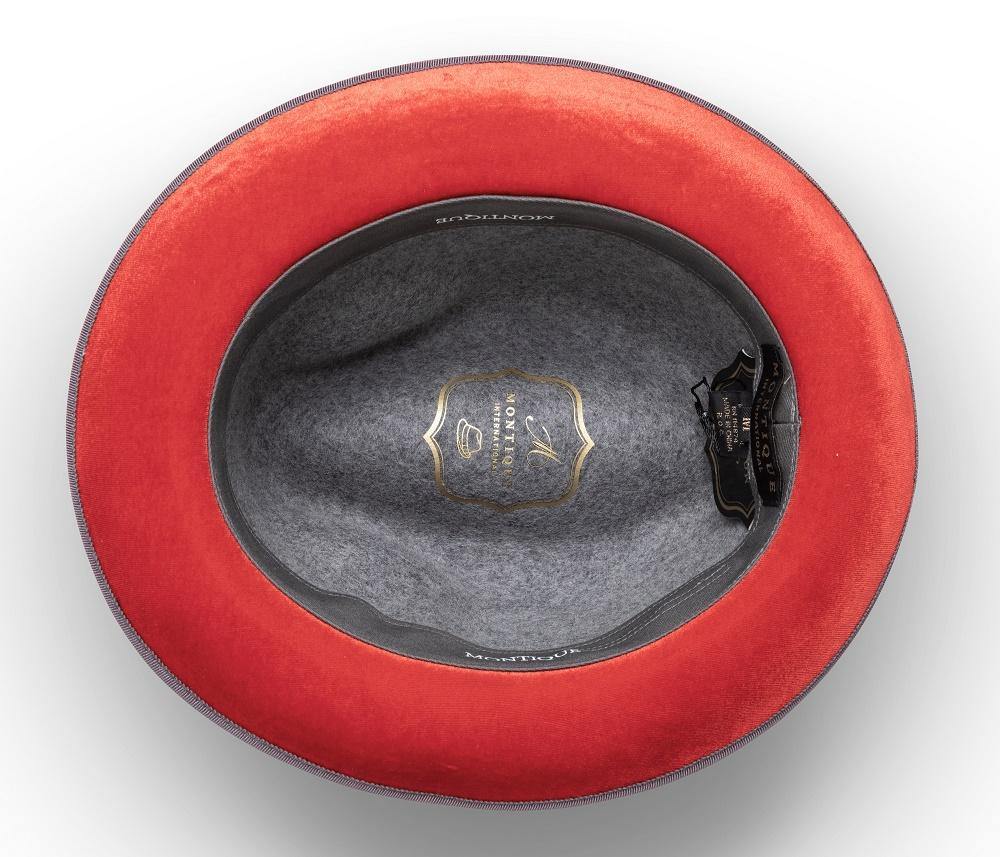 Montique solid 2 ¼ Brim Wool Felt Dress Hat with Feather Accent Gray with Red Bottom.