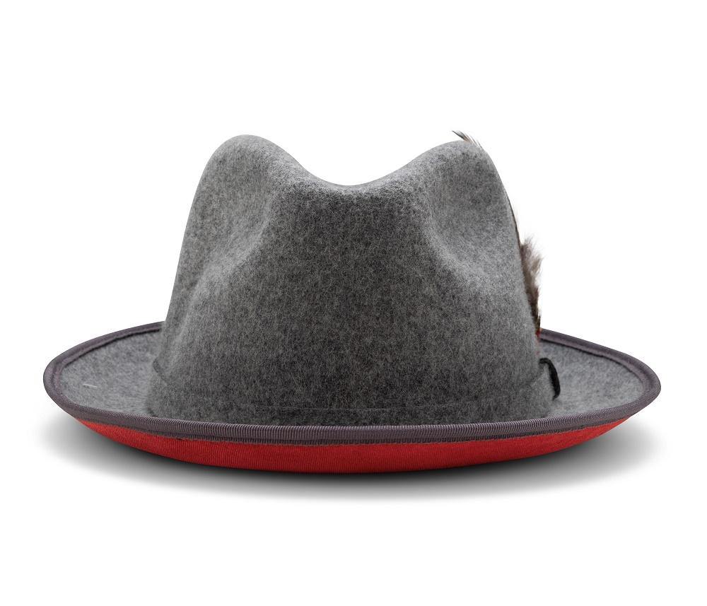 Montique solid gray 2 ¼ Brim Wool Felt Dress Hat with feather accent and red bottom.