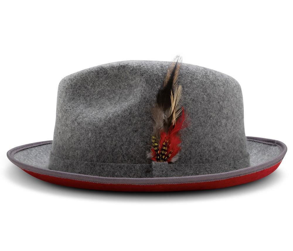 A solid 2 ¼ Brim Wool Felt Dress Hat with Feather Accent, Gray with Red Bottom.