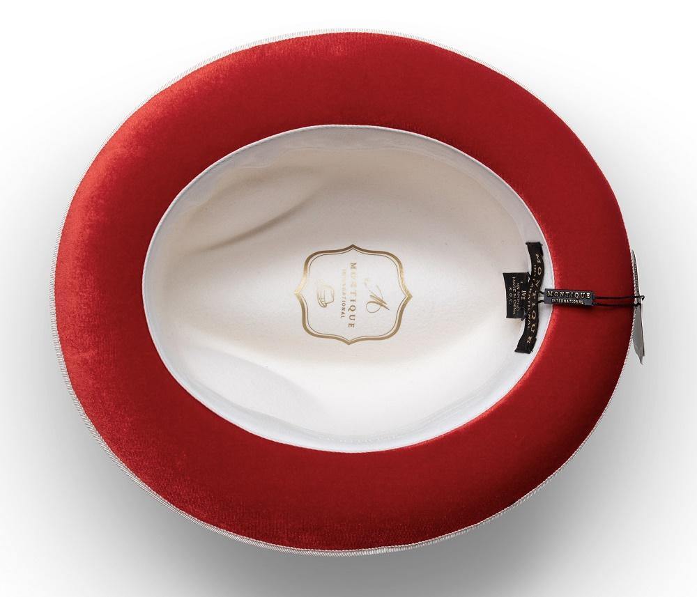 Montique solid 2 ¼ Brim Wool Felt Dress Hat, white with red bottom and feather accent.