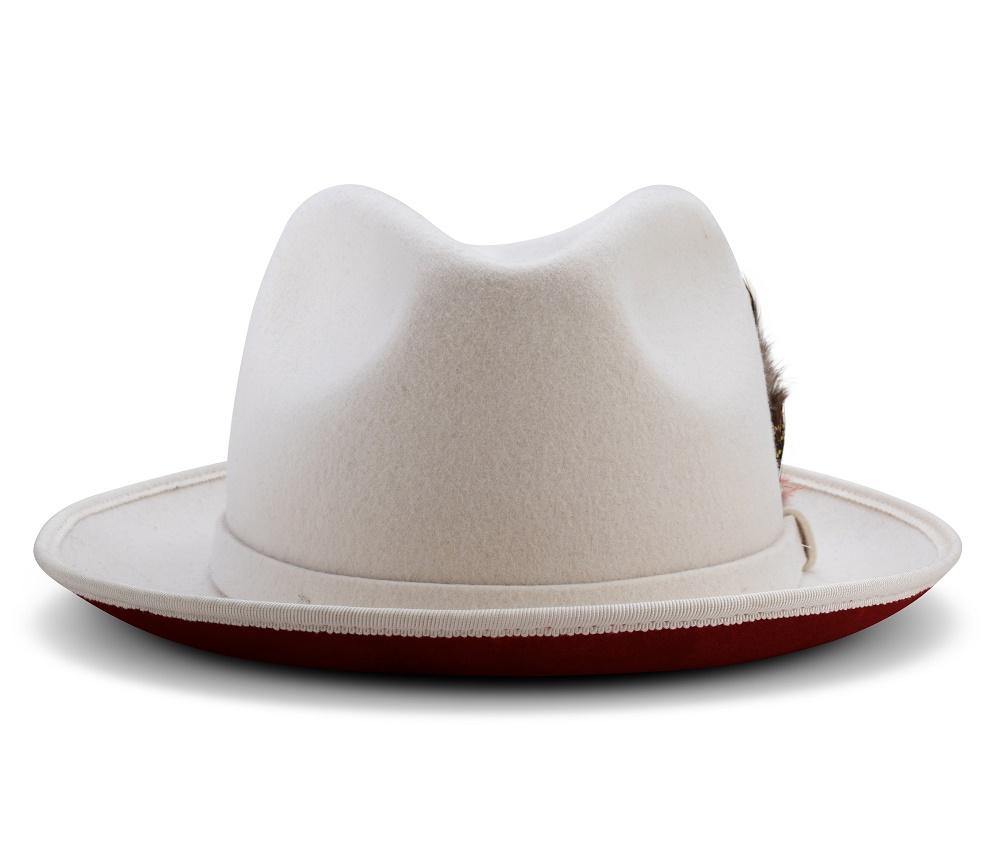 Solid Montique 2 ¼ Brim Wool Felt Dress Hat with Feather Accent White with Red Bottom.