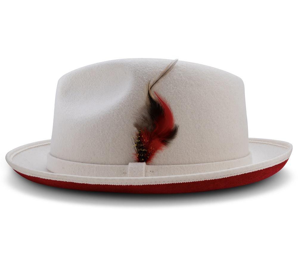 Solid white Montique 2 ¼ Brim Wool Felt Dress Hat, showing red bottom and feather accent.