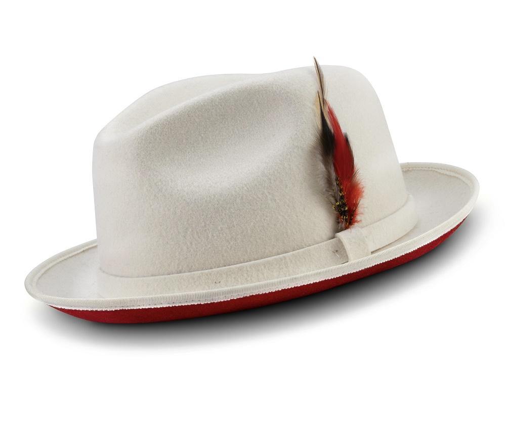 2 ¼" Brim Wool Felt Dress Hat with Feather Accent White with Red Bottom