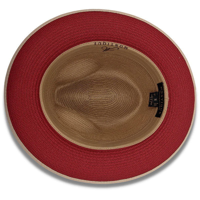 Tan Wide Brim Braided Pinch Fedora Hat with Red Bottom