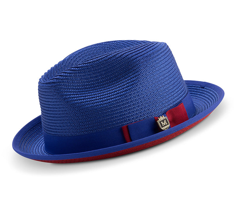 Two Tone Braided Ribbon Stingy Brim Pinch Fedora - Royal Blue with Red Bottom