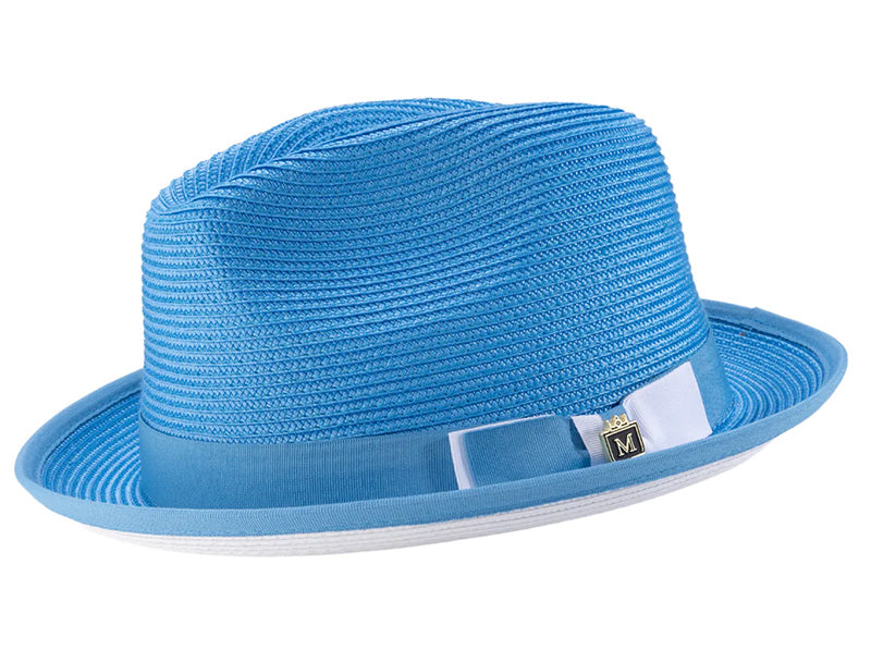 Two Tone Ribbon Stingy Brim Pinch Braided Fedora - Aqua with White Bottom
