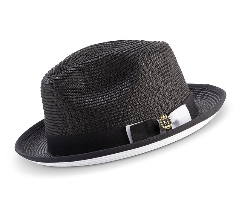Two Tone Ribbon Stingy Brim Pinch Braided Fedora - Black with White Bottom