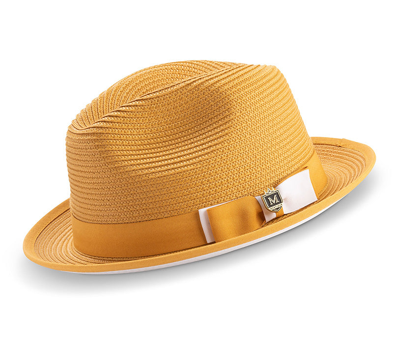 Two Tone Ribbon Stingy Brim Pinch Braided Fedora - Gold with White Bottom