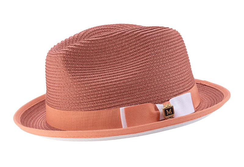 Two Tone Ribbon Stingy Brim Pinch Braided Fedora - Papaya with White Bottom