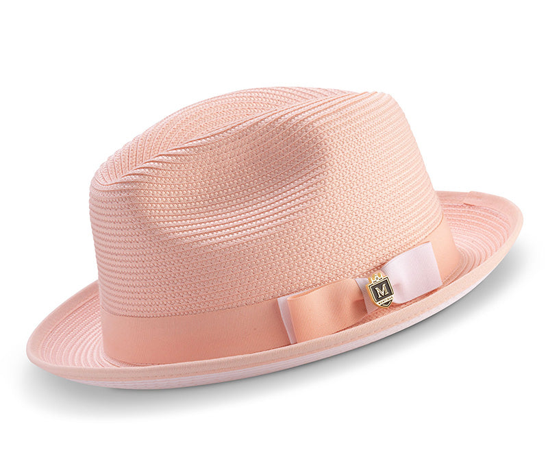 Two Tone Ribbon Stingy Brim Pinch Braided Fedora - Peach with White Bottom