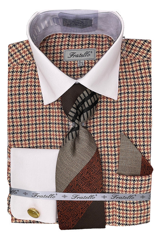 dress shirt and tie combo Men's Beige Plaid Dress Shirt Set with Tie and Handkerchief 18½ 36/37 / Beige
