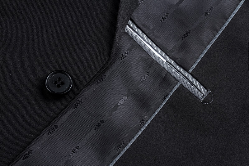 Close-up view of a solid black button on the Renoir Black 2 Piece Tuxedo Shawl Lapel Slim Fit, detailing collar and pocket.