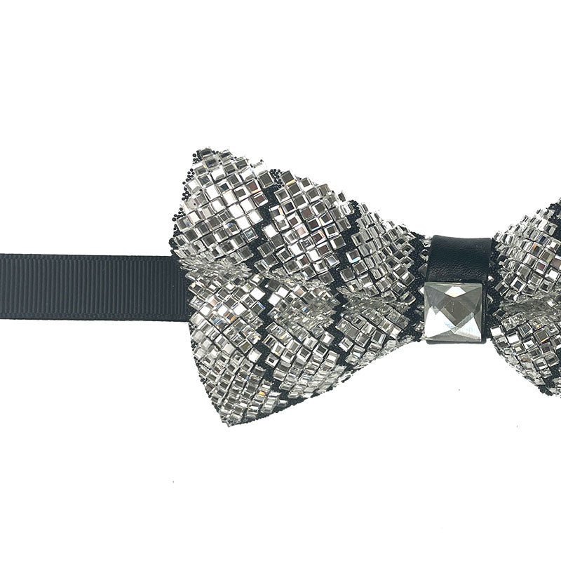 Adjustable Men's Bowtie in solid white and black, featuring sparkling crystal details.