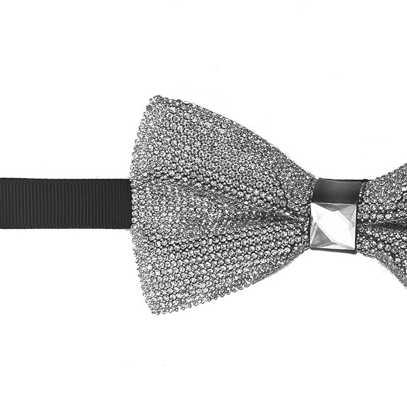 White Sparkling Crystal Adjustable Men's Bowtie Accessory Box, featuring a solid white bow tie with crystal embellishments.
