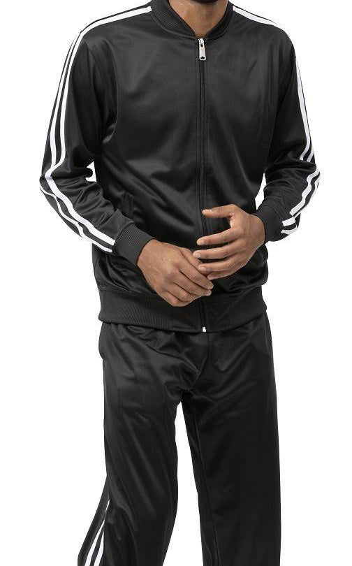 Black tracksuit with white stripes on a white background
