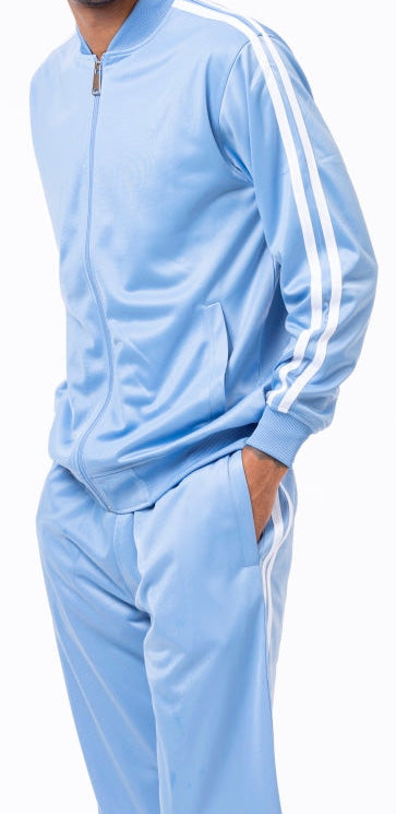 Light blue tracksuit with white stripes on a white background