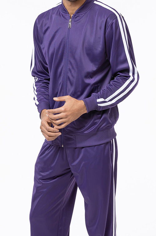 Purple tracksuit with white stripes on a white background