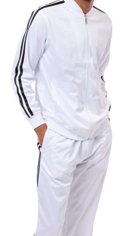 White tracksuit with black stripes on a white background