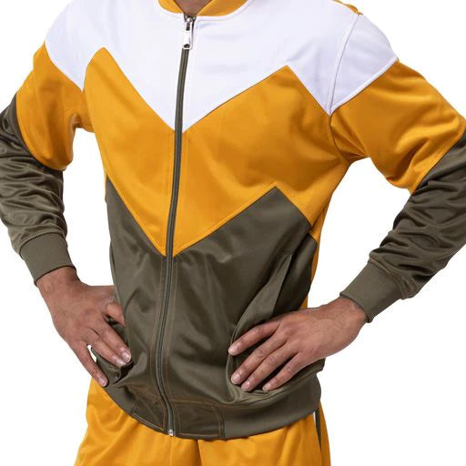 Close-up of the zipper on the Montique Men's Track Suit with Chevron Design in Gold & Olive, showing sleeve and pocket.