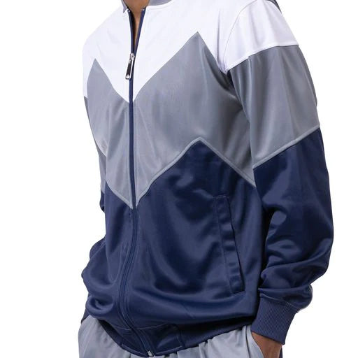 Close-up of the solid-appearing sleeve on the Montique Men's Track Suit Chevron Design in Gray & Navy jacket.