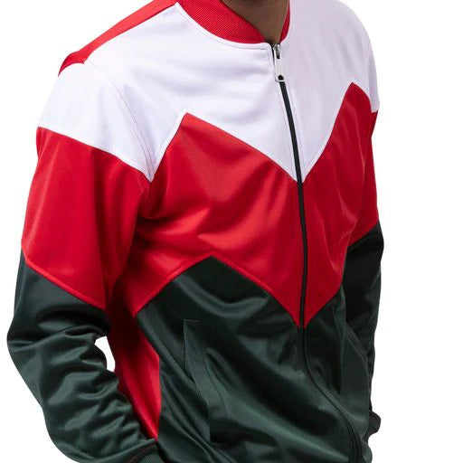 Men's Track Suit Chevron Design in Red & Hunter Green jacket from Montique, showing sleeves and pockets.