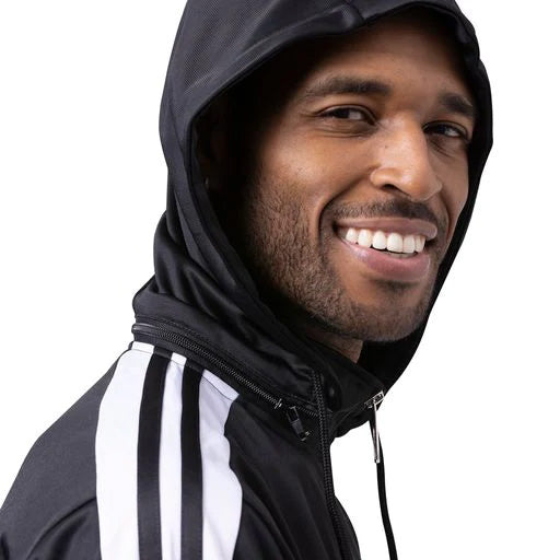 Solid black Montique men's track suit featuring a detachable hood, displayed on a white background.