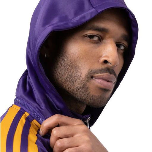 Full view of Montique Men's Track Suit with Detachable Hood in Purple, solid pattern, on a white background.