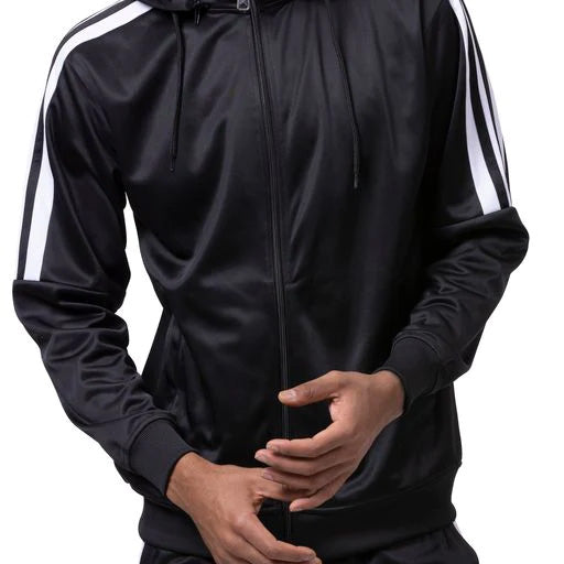 Montique Men's Track Suit with Detachable Hood in Black jacket. Solid black, displaying a front zipper and a visible pocket.