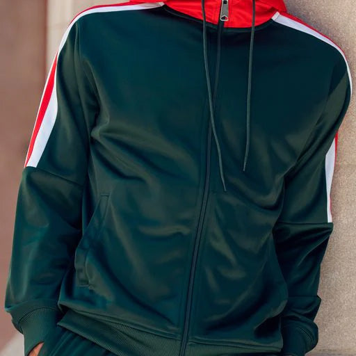 Close-up view of the solid sleeve on the Montique Men's Track Suit with Hood in Hunter Green, showing a pocket and zipper.