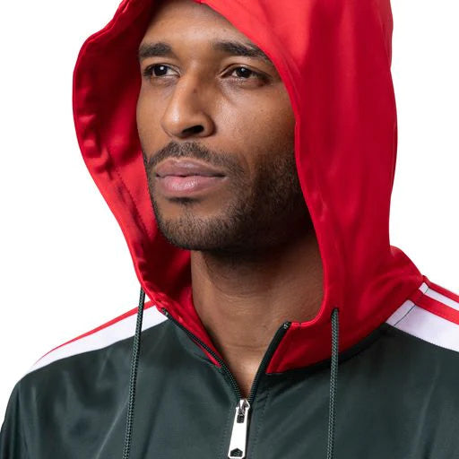 Solid Montique Men's Track Suit with Hood in Hunter Green, showing zipper and pocket details on a white background.