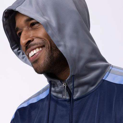 A solid navy Montique Men's Track Suit with Hood, showing the hooded jacket and matching pants.